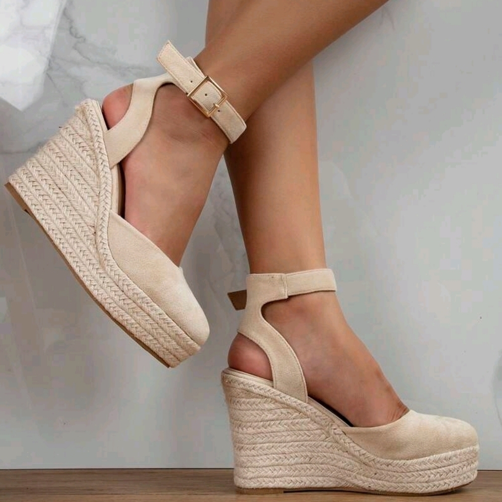 Women Beige Ankle Strap Woven Wedge Sandals, Round Toe High Heel For Vacation - Picture 4 of 6